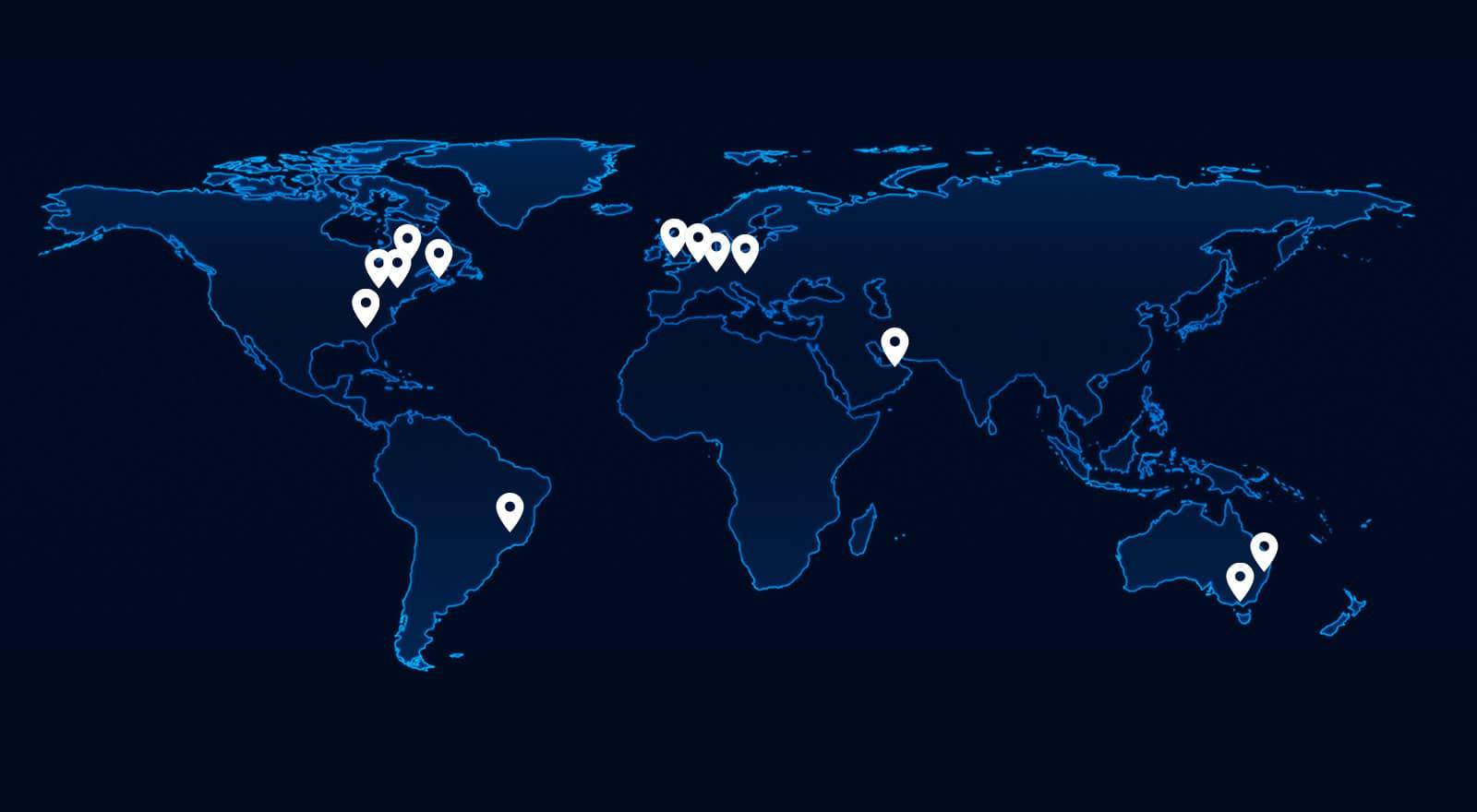 blue world map with pin drops showing Cattron office locations
